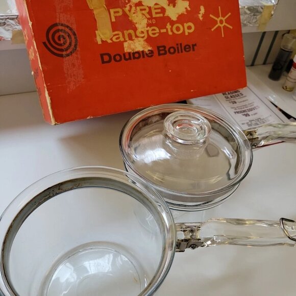Vintage 1950's Pyrex Flameware 3pc Clear Glass Double Boiler SeComplete w/Lid - Picture 5 of 7